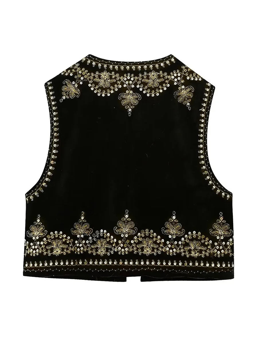 Chaleco bordado negro Vintage con estampado Floral para mujer, sin mangas, frente abierto, corto, versátil, ropa de abrigo y2k, cárdigan Boho corto