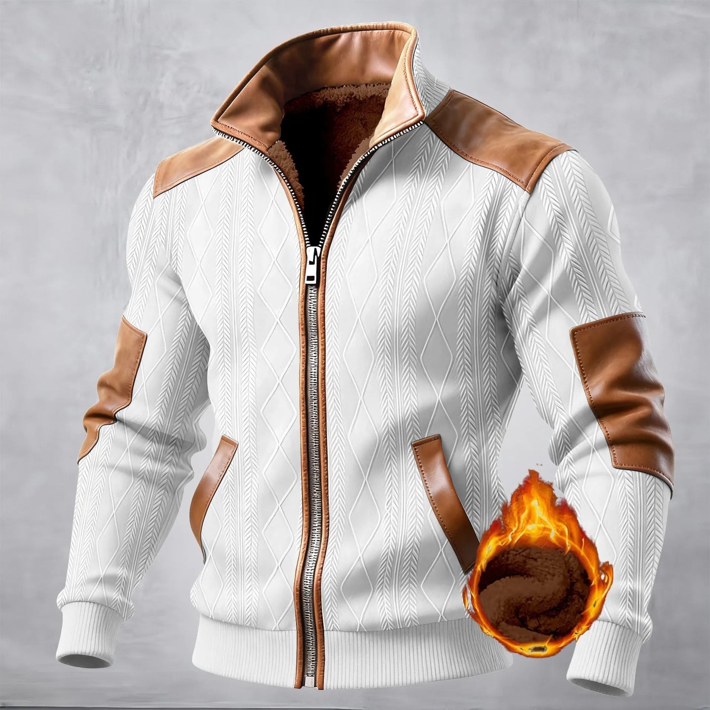 Chaqueta casual para hombre, textura texturizada, patchwork jacquard, moda, cuello alto, cálida y cómoda, invierno