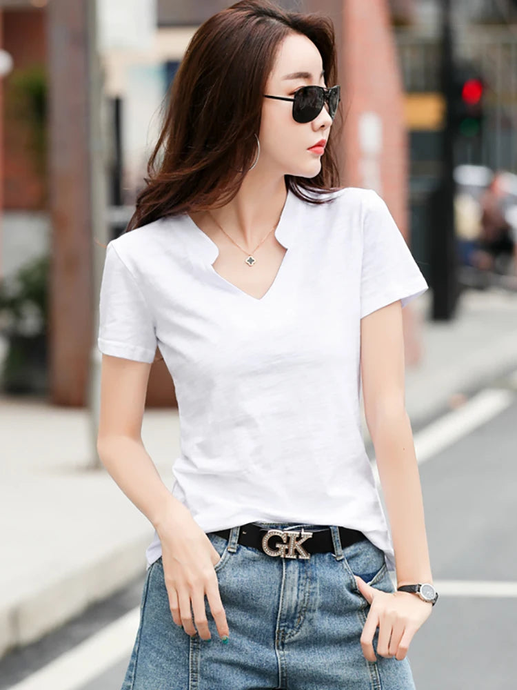 T-shirt en coton et bambou pour femme, col en V, doux, basique, classique, mode, tailles S-3XL, collection été 2026