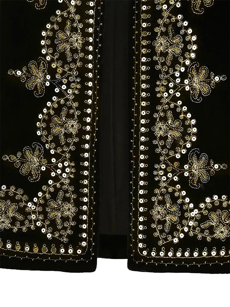 Chaleco bordado negro Vintage con estampado Floral para mujer, sin mangas, frente abierto, corto, versátil, ropa de abrigo y2k, cárdigan Boho corto