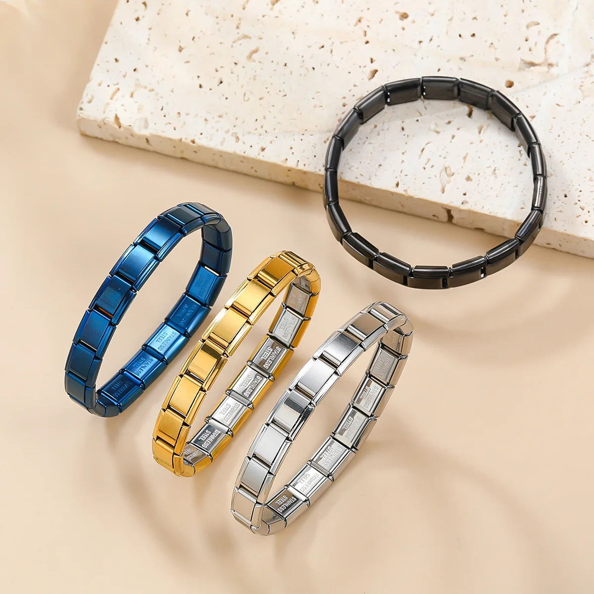 Pulseras cuadradas de acero inoxidable para mujeres y hombres, módulos italianos de metal HipHop, elásticas, regalo, joyería de fiesta de cumpleaños, a la moda