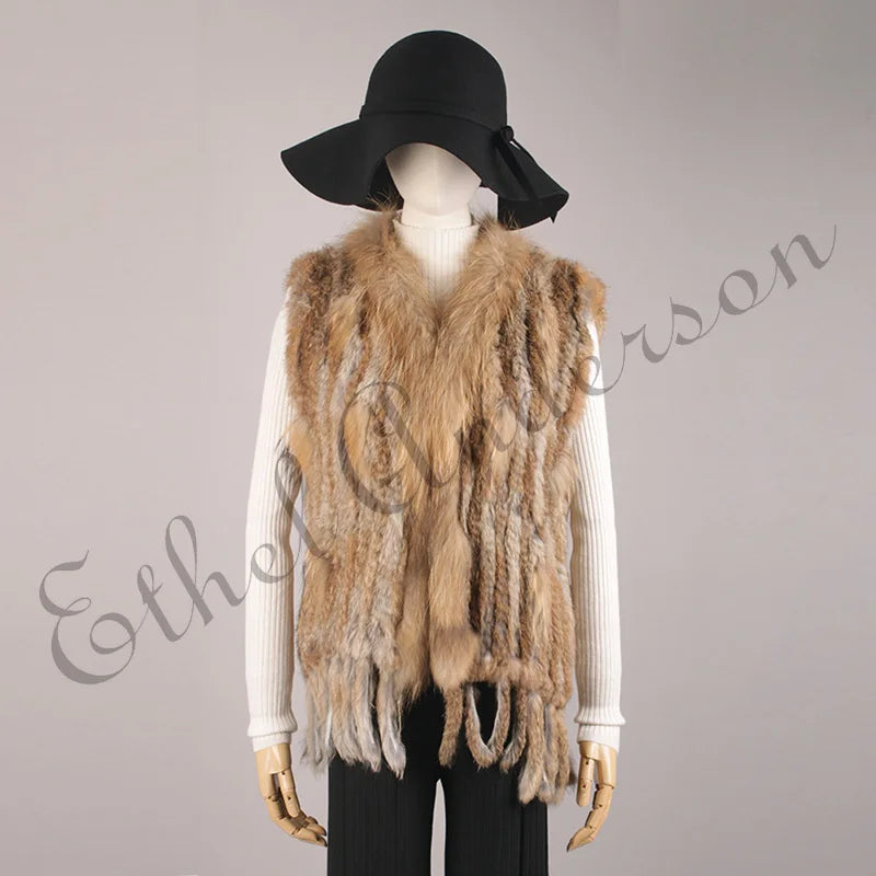 ETHEL ANDERSON – Chaleco con borlas de piel de conejo auténtica, chaleco de punto de alta calidad, vintage, de piel de mapache, ropa de abrigo