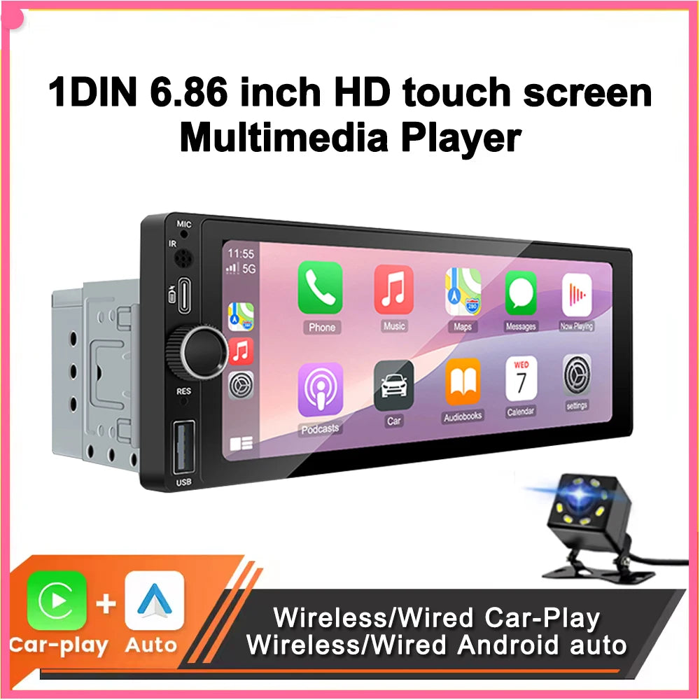 Autorradio universal MP5 de 1DIN y 6.86 pulgadas, compatible con Carplay inalámbrico, Android AUTO, AUX, USB, BT, pantalla táctil y reproductor de video multimedia.