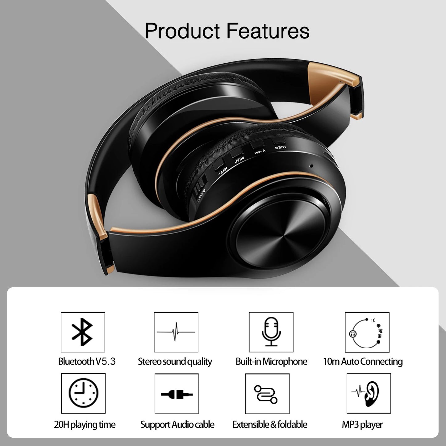Casque Bluetooth sans fil pliable stéréo avec microphone – Sport et mains libres pour MP3 et smartphone