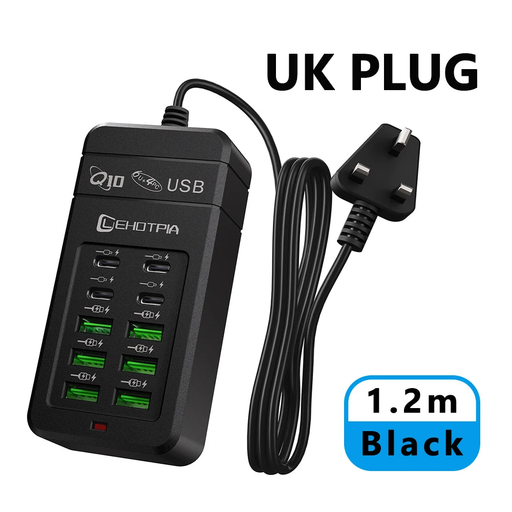 Multi-Fast USB Charger, EU UK US Plug, Power Adapter, 1.2m Extension Cord, 6 USB-A 4 USB-C, Portable for Mobile Phone
