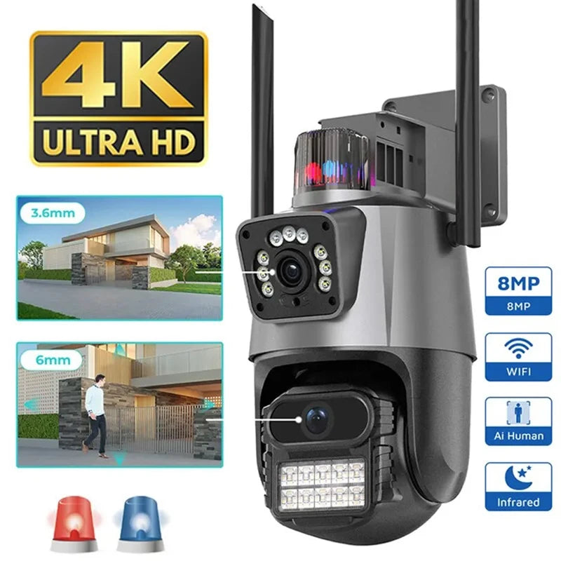 Cámara exterior Wifi PTZ 4K 8MP HD Doble lente Doble pantalla AI Seguimiento automático 4MP Videovigilancia Alarma de luz de policía iCSee
