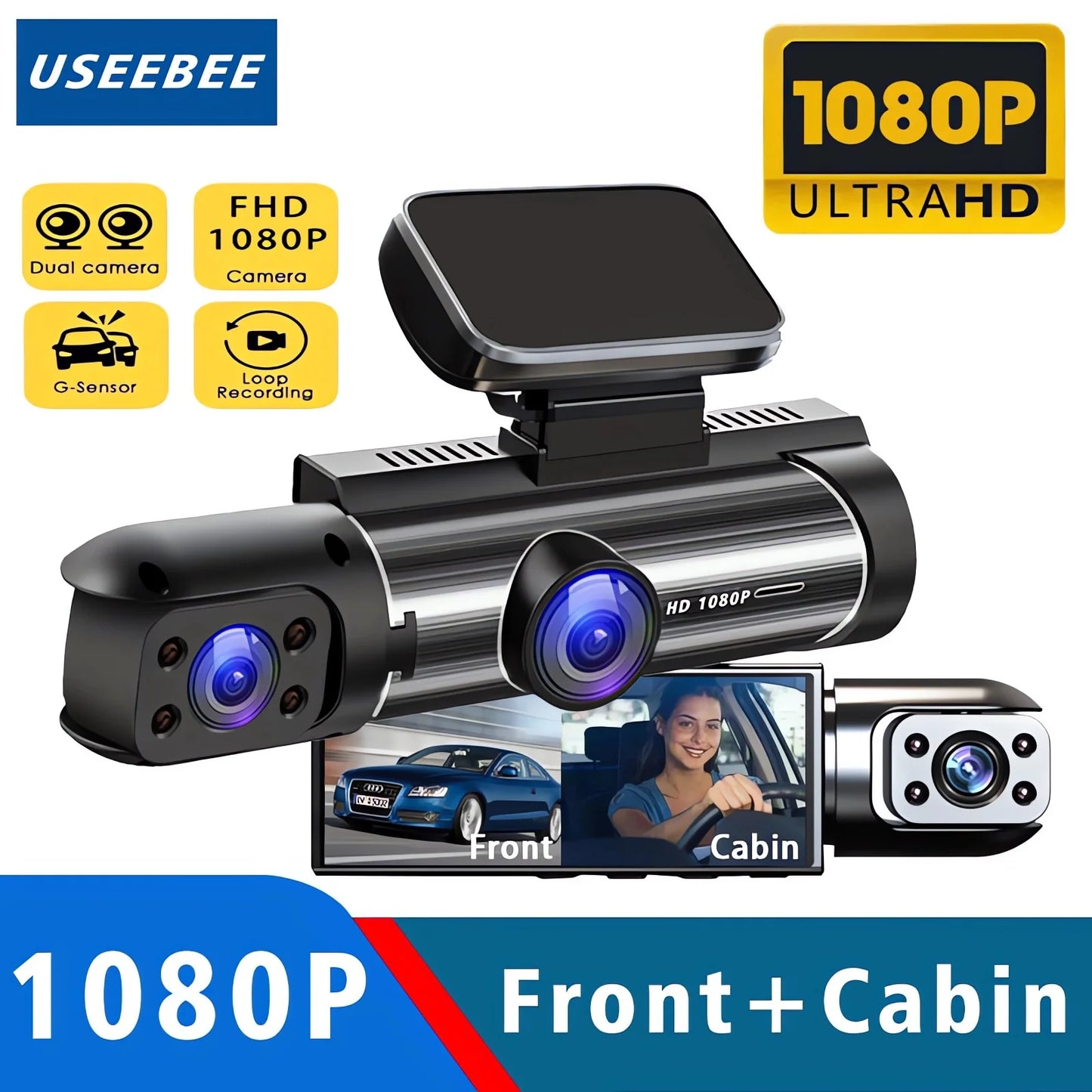 Dashcam HD 1080P Double Objectif Cabine — Mini DVR Boîte Noire Intérieur