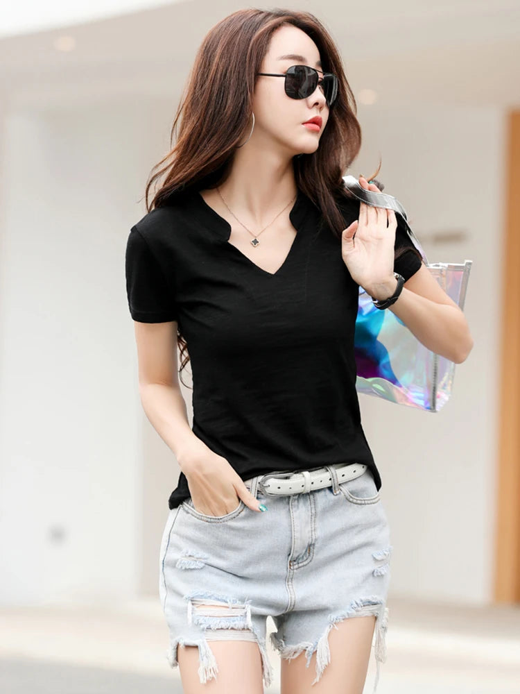 T-shirt en coton et bambou pour femme, col en V, doux, basique, classique, mode, tailles S-3XL, collection été 2026