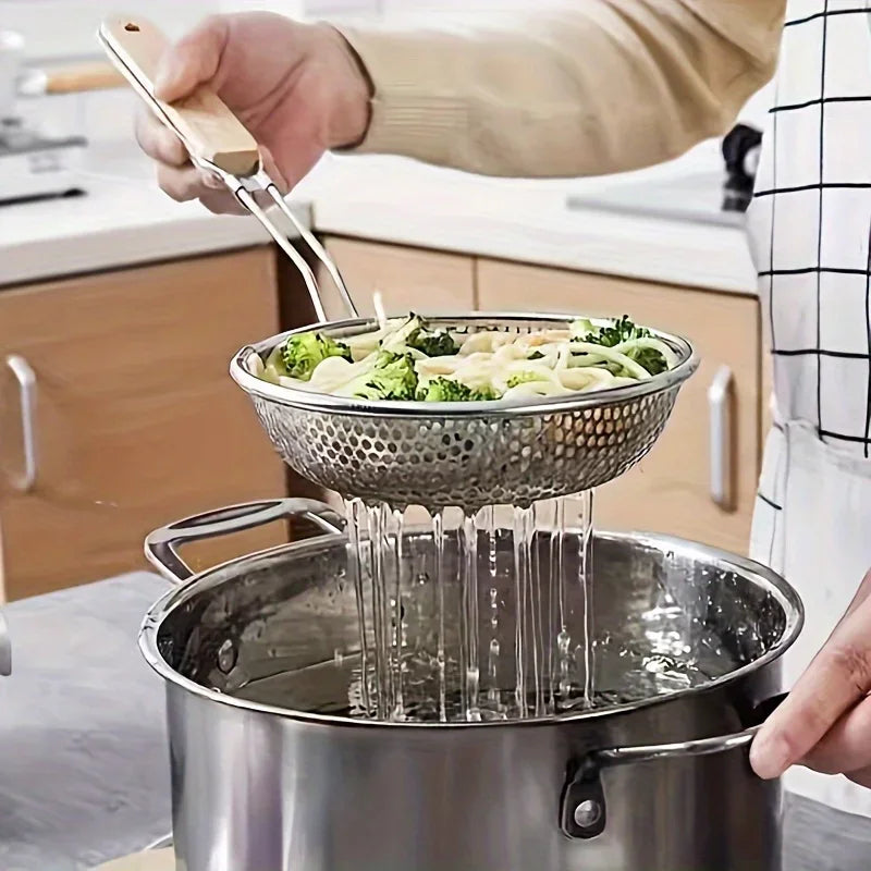 Colador de acero inoxidable con mango de madera, espumadera de malla fina, cuchara para cocinar, preparar alimentos, filtrar grasa para pasta y fideos