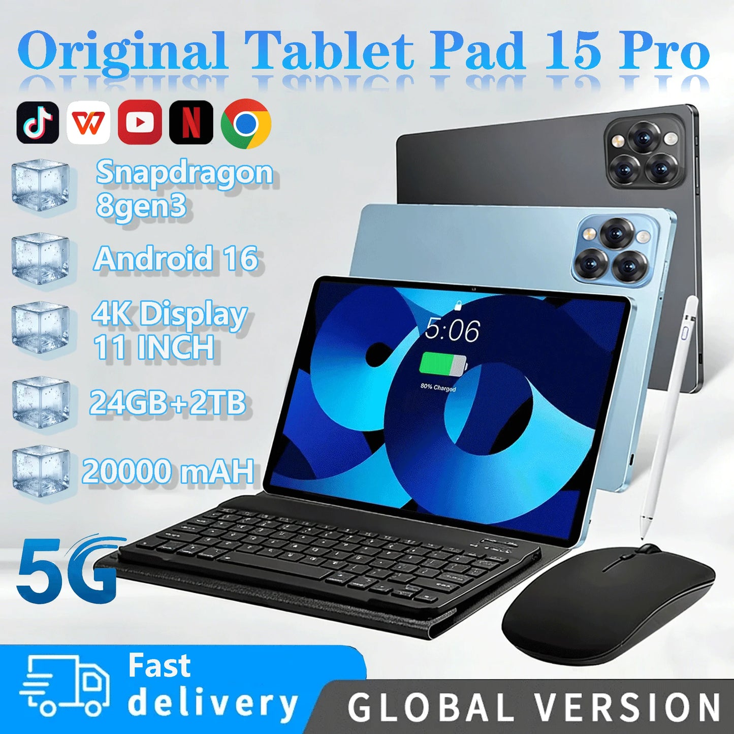 Tablette PC Android 16 2026 — 24 Go RAM, 2 To ROM, 5G, double SIM, écran HD plein écran, mini PC (v2)