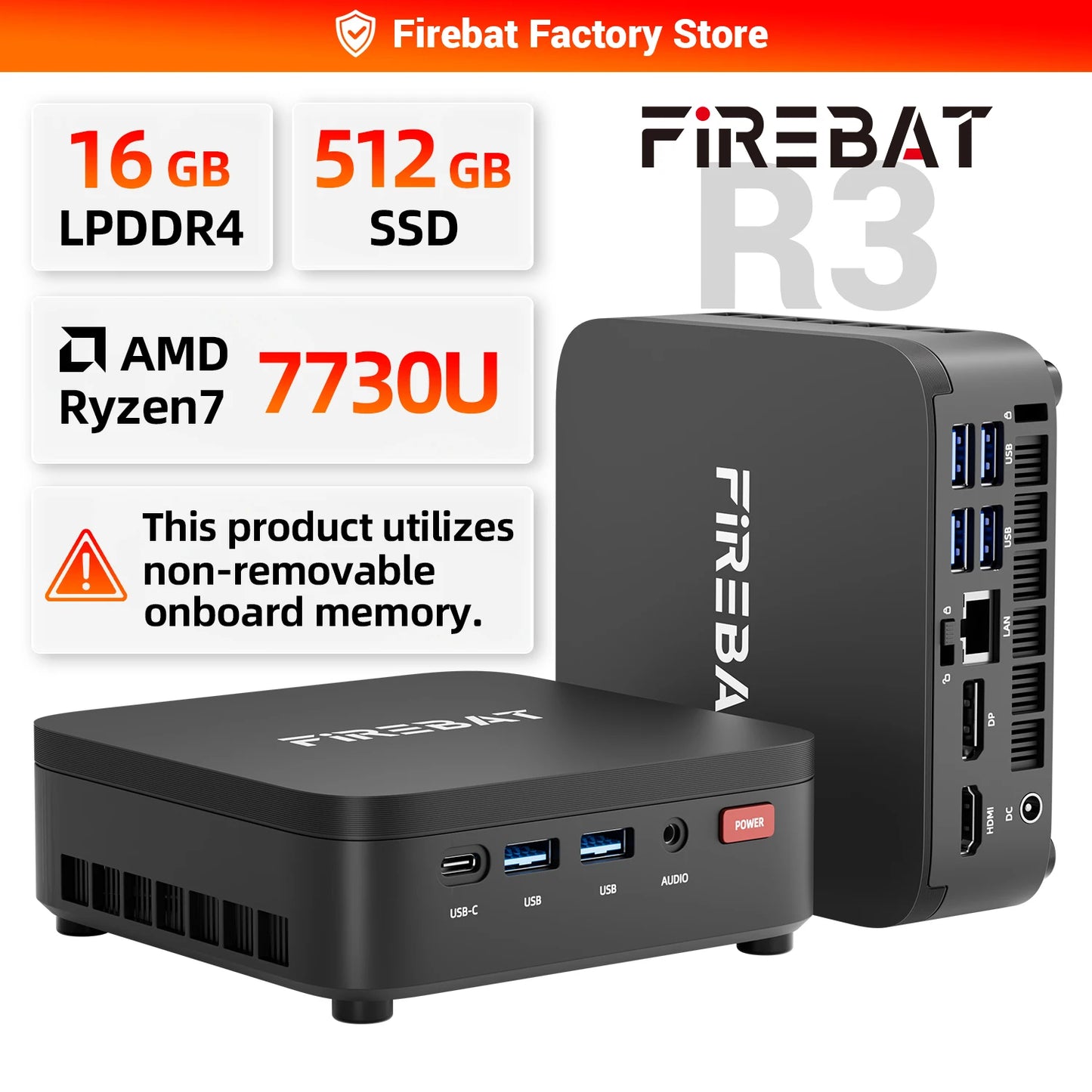 FIREBAT R3 MINI PC AMD Ryzen 5 7430U 6C/12T MAX 4.3GHz 16GB LPDDR4 RAM 512GB SSD WIFI6 BT5.2 Windows 11 Ordinateur de bureau