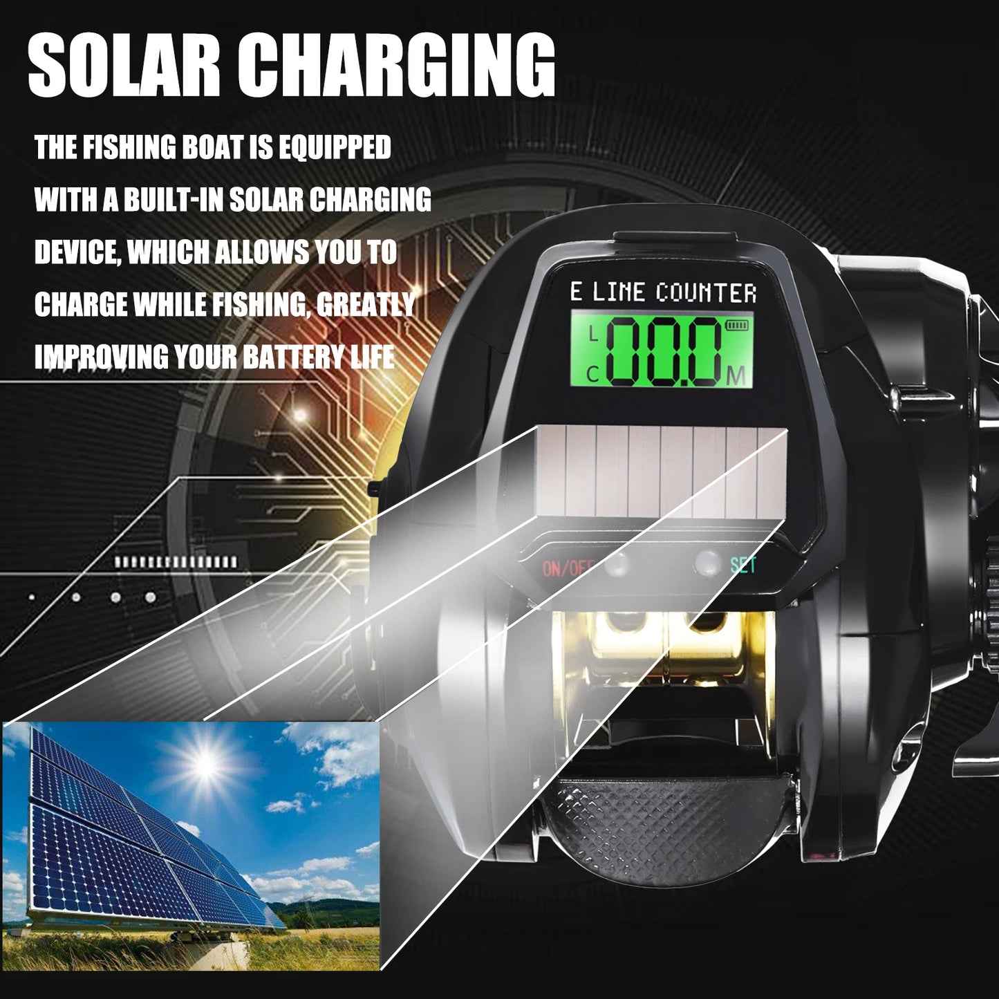 Nouveau moulinet de pêche Baitcasting électronique écran Led USB et charge solaire 7.2: 1 mer eau salée étanche coulée tambour roue coulée