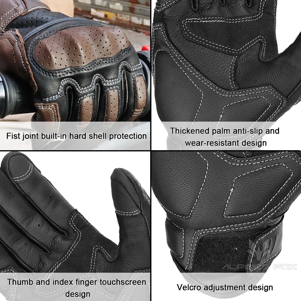 Gants moto en cuir marron vintage pour homme — certification CE, écran tactile, motocross, course