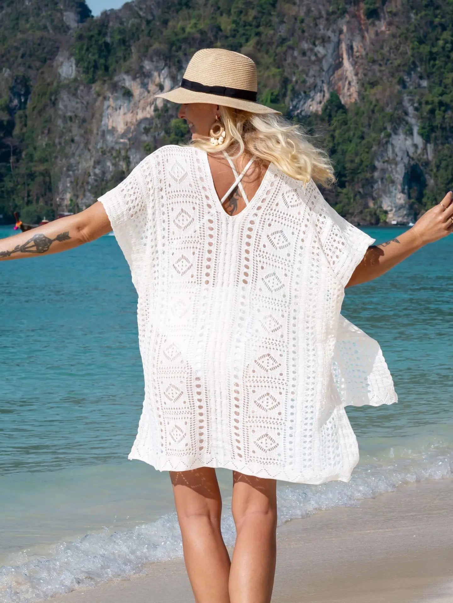 Robe tunique longue crochet blanc tricoté — plage, paréo, bikini, cache-maillot, 2025