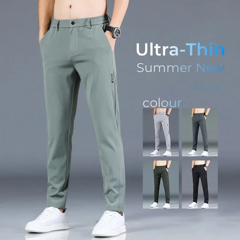 Men's Thin Ice Silk Pants, Stretchy, Casual, Elastic Waist, Smooth, Brand Clothing, 5 Colors, New Summer 2024 Collection