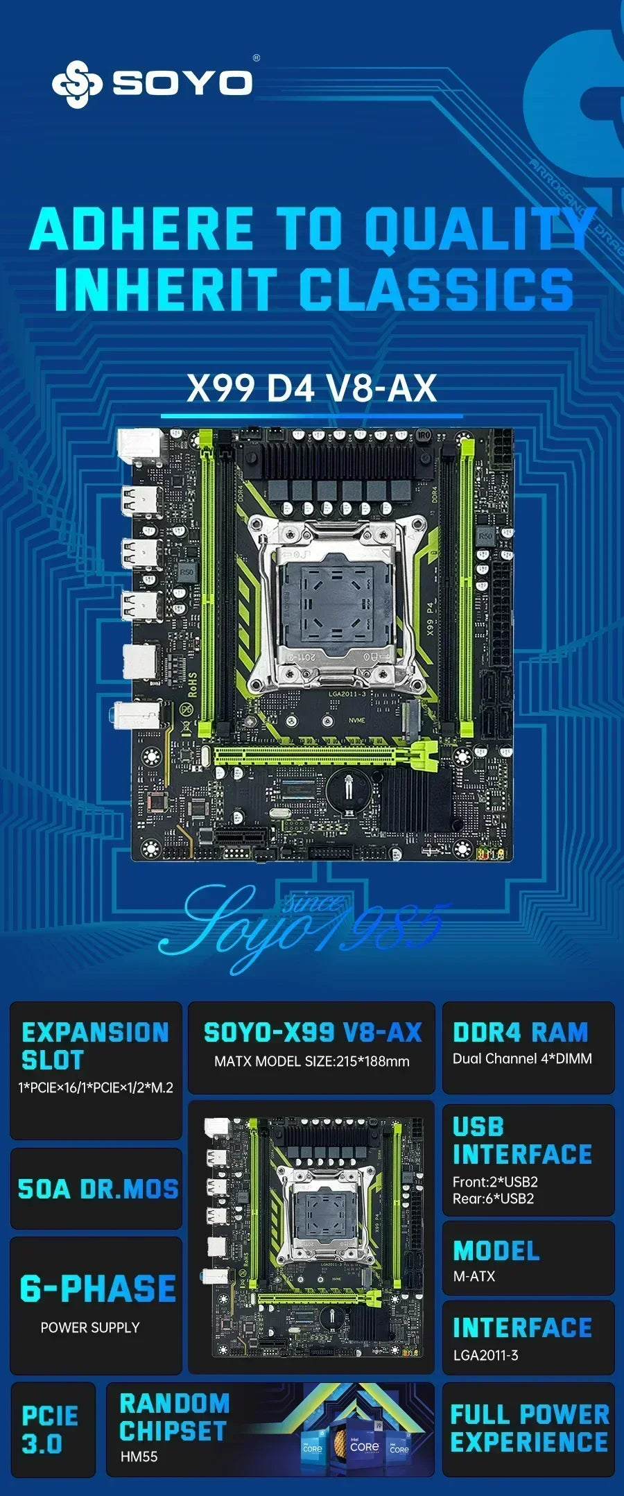 Ensemble de carte mère SOYO X99 avec processeur LGA2011-3 Xeon E5 2630 V4, DDR4 8 Go (1*8 Go) 2133 MHz RAM, NVME M.2 SATA, accessoires informatiques