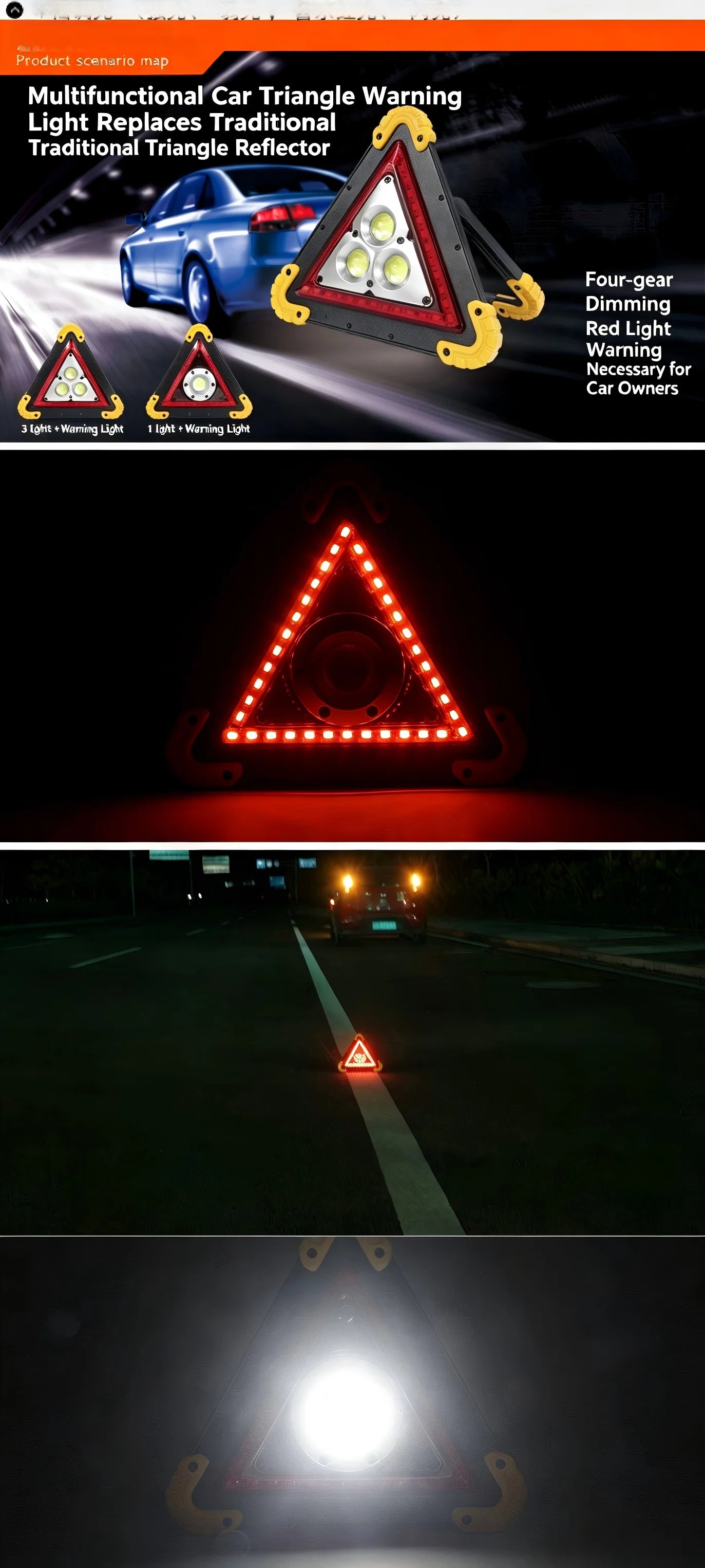 Triangle de signalisation d'urgence multifonctionnel pour voiture, panneau d'arrêt, lumière d'avertissement de panne de voiture, LED rouge, triangle multifonctionnel