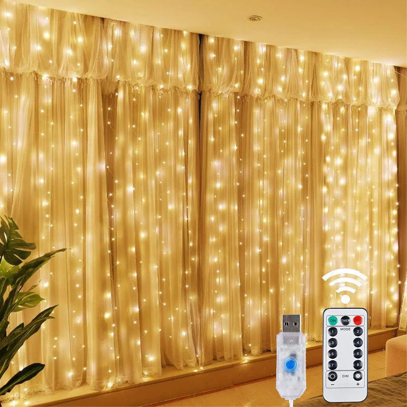 Cortina de luces LED con control remoto USB, 8 modos, decoración navideña para el hogar, vacaciones, Año Nuevo