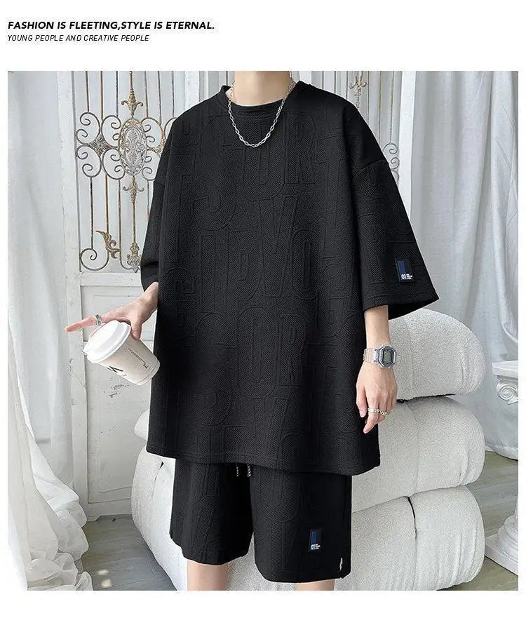 Ensemble d'été homme 2026 — T-shirt décontracté et short en tissu gaufré, survêtement uni ample