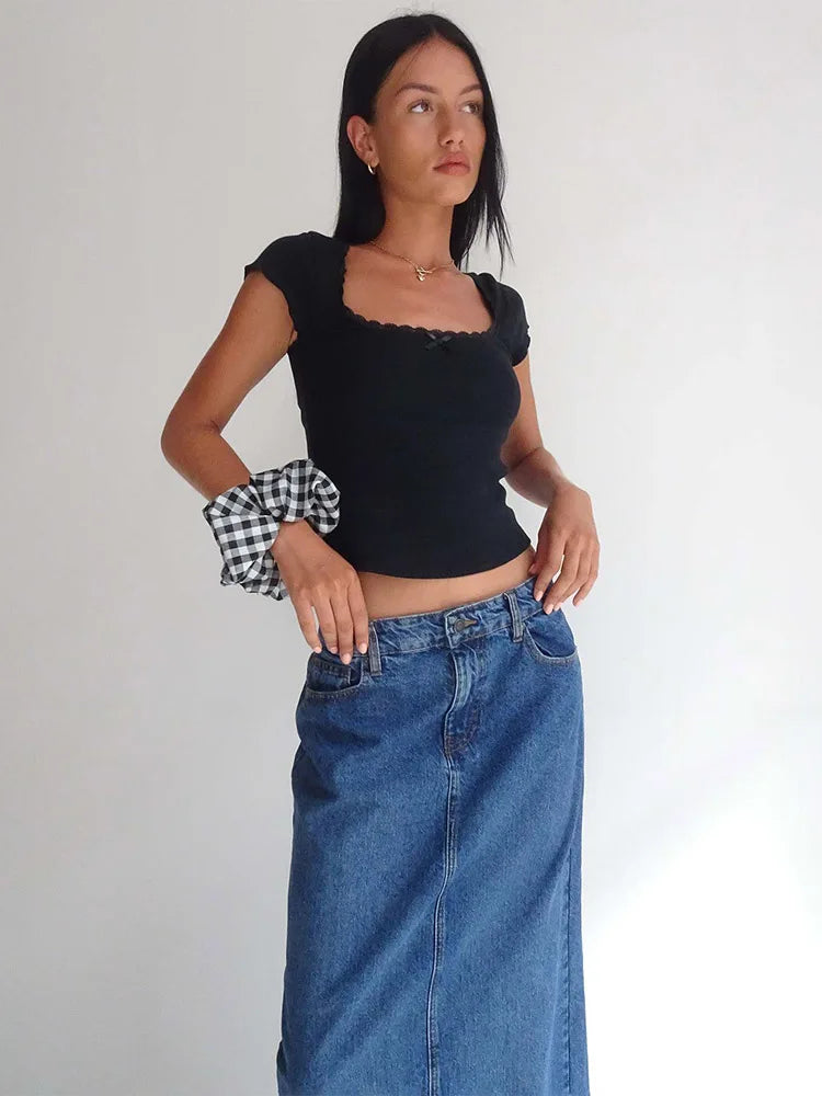Camiseta vintage Y2k para bebé, camiseta de punto con ribete de encaje, cuello cuadrado, manga corta, para verano, color blanco, estilo milkmaid
