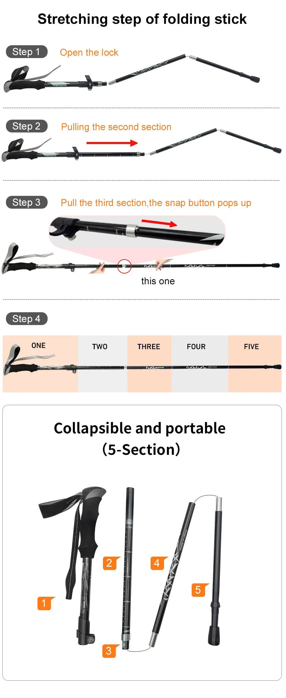 Bâton de Trekking pliable Portable en plein air, 5 sections, bâton de randonnée, Club télescopique pour personnes âgées nordiques, bâtons de marche de Camping