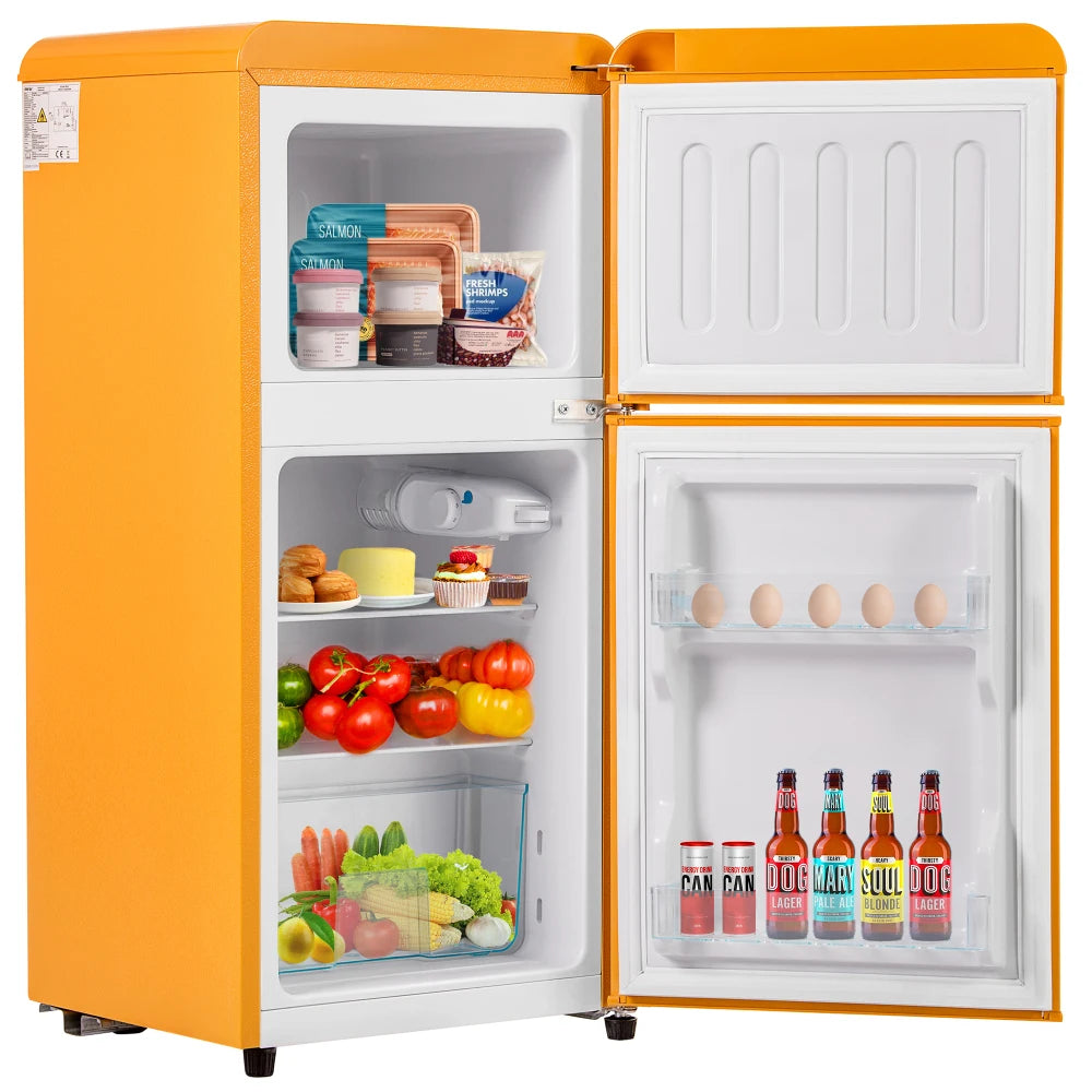 Combinaison réfrigérateur-congélateur rétro 45,5 cm de large, 2 portes 60 litres de volume total, volume de congélateur 22 litres. 102 KWh/année,
