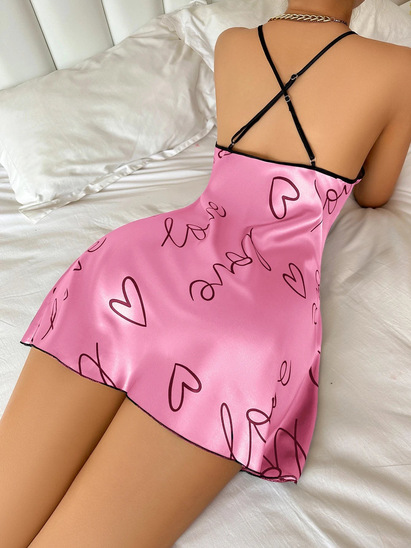 Camisón informal con estampado de letras y corazón, cuello redondo, tirantes finos, para mujer, ropa de dormir