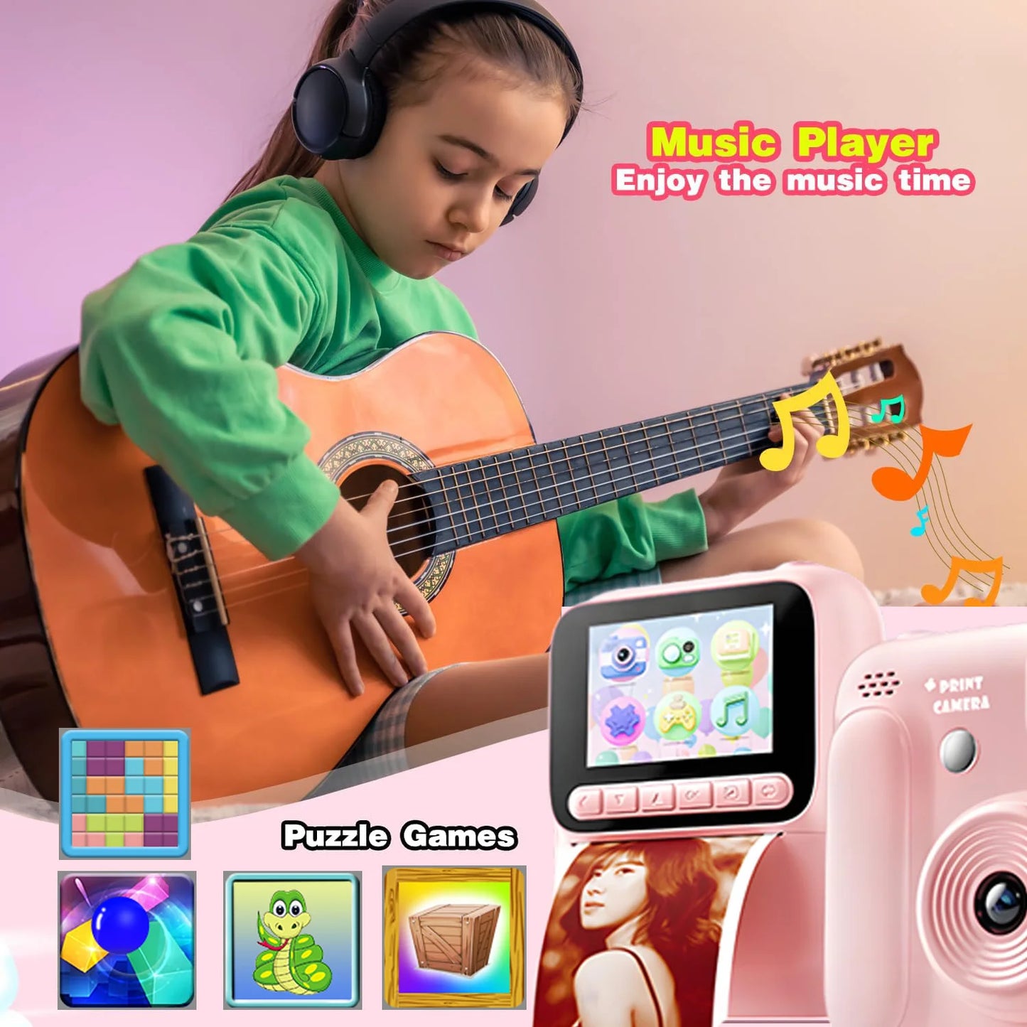 Instant Camera for Kids, Color Printing, 32GB, 1080P, Thermal Print Toy, Photo, Video Games, Music, Children's Gift