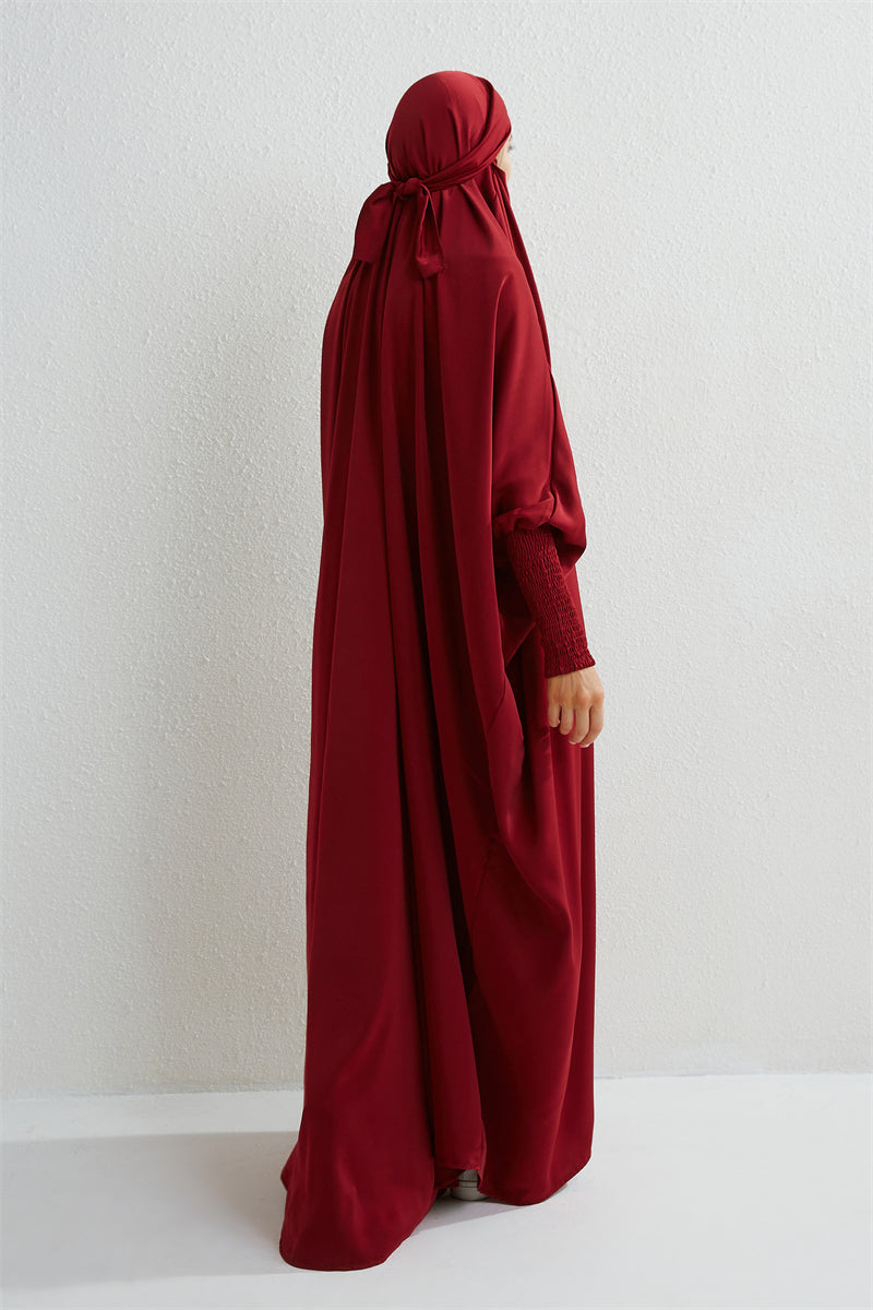 Abaya musulman à capuche manches smockées une pièce Robe de prière femmes Jilbab vêtements islamiques dubaï saoudien Robe noire modestie turque