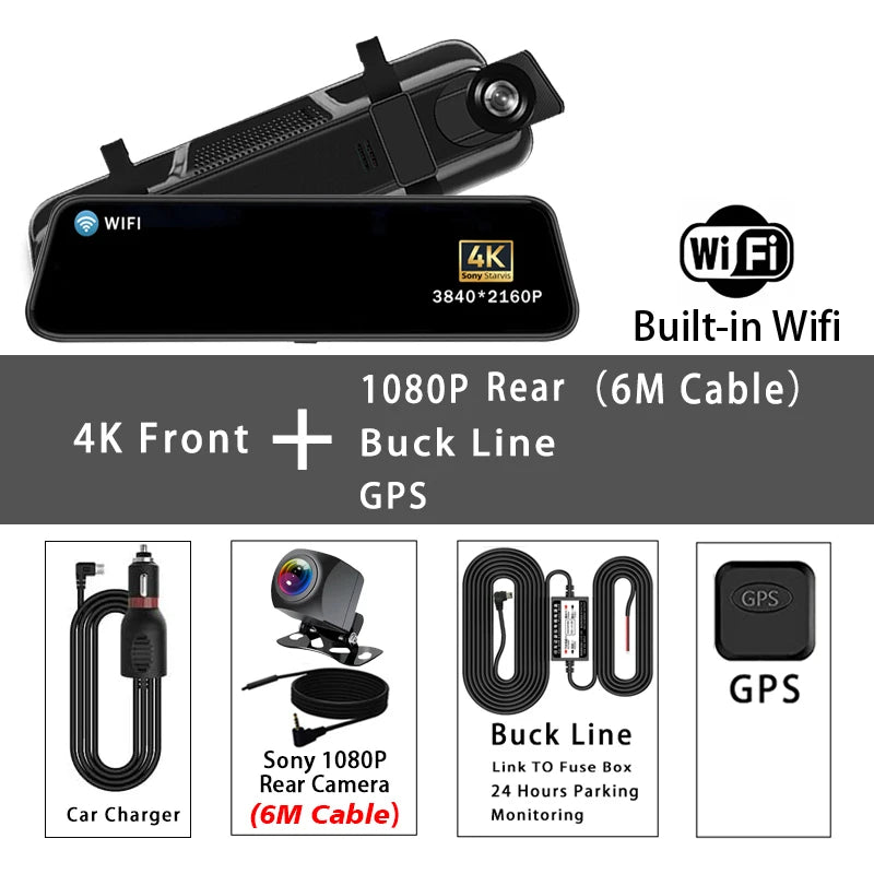 10 "Dash Cam 4K 2160P GPS WIFI voiture Dvr miroir double lentille Dashcam IPS écran voiture caméra lecteur enregistreur flux rétroviseur