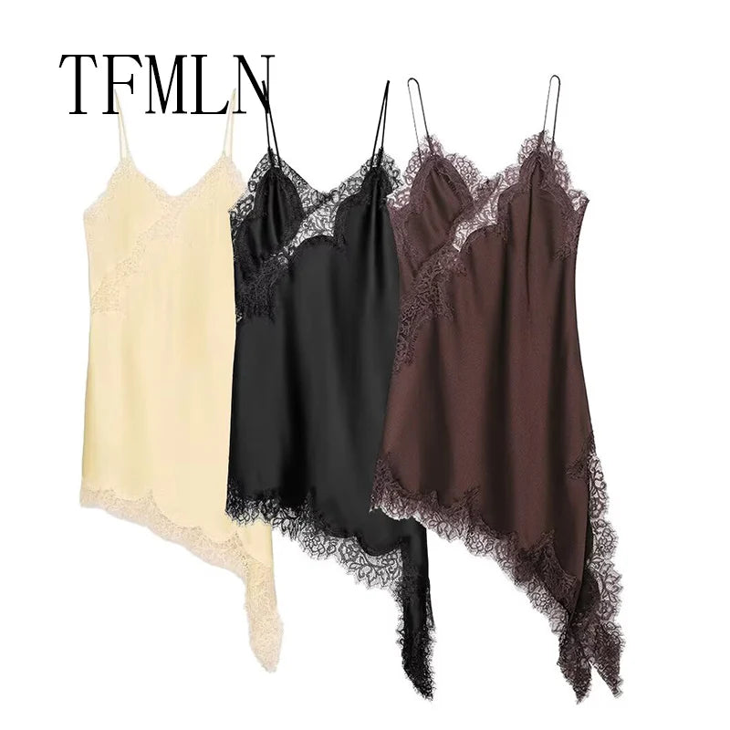 Vestido de encaje sexy para mujer, irregular, cuello en V, dobladillo de tirantes, vestidos largos, nueva moda 2025, vestidos de fiesta