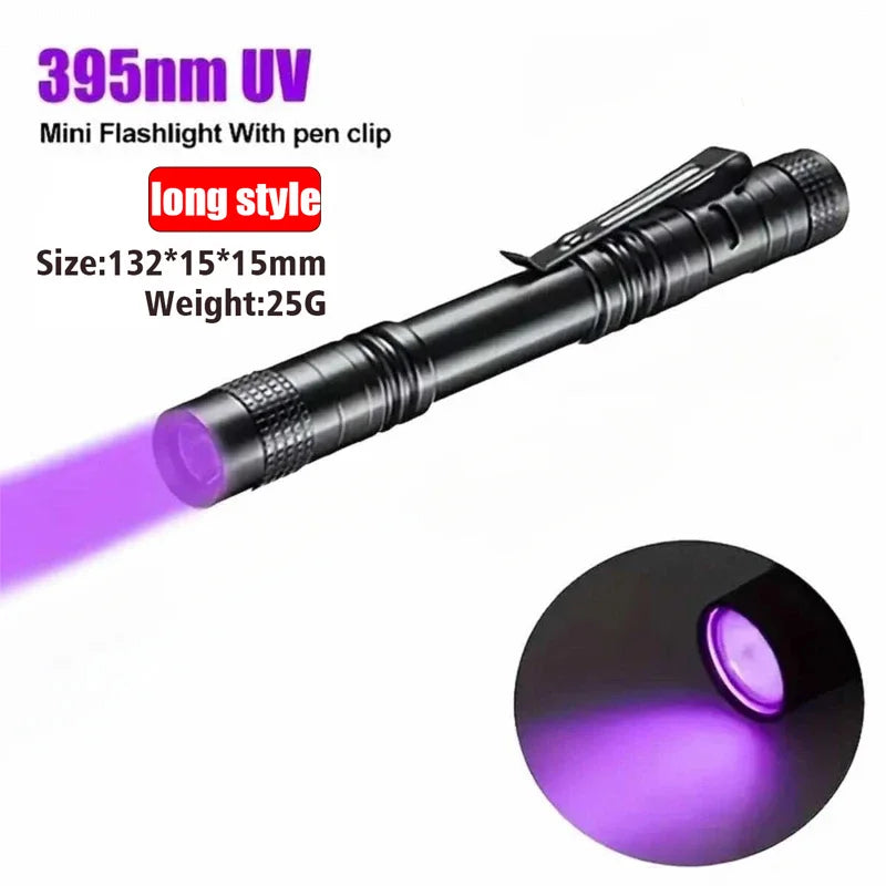 Lampe de poche UV 395nm, torche ultraviolette avec pince à stylo, piles AAA portables utilisées, lumière violette, détecteur d'urine animale et de Scorpion, lampe UV