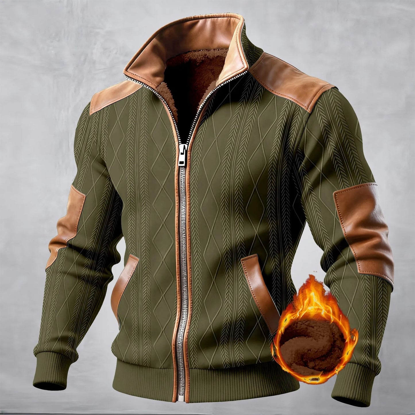 Chaqueta casual para hombre, textura texturizada, patchwork jacquard, moda, cuello alto, cálida y cómoda, invierno