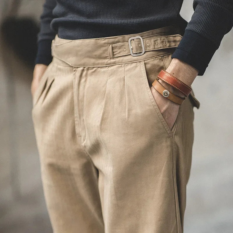 Maden Vintage Khaki Gurkha Pants Adjustable High Waist Casual Cargo Classic Work Trousers Straight Leg Men Spring and Autumn