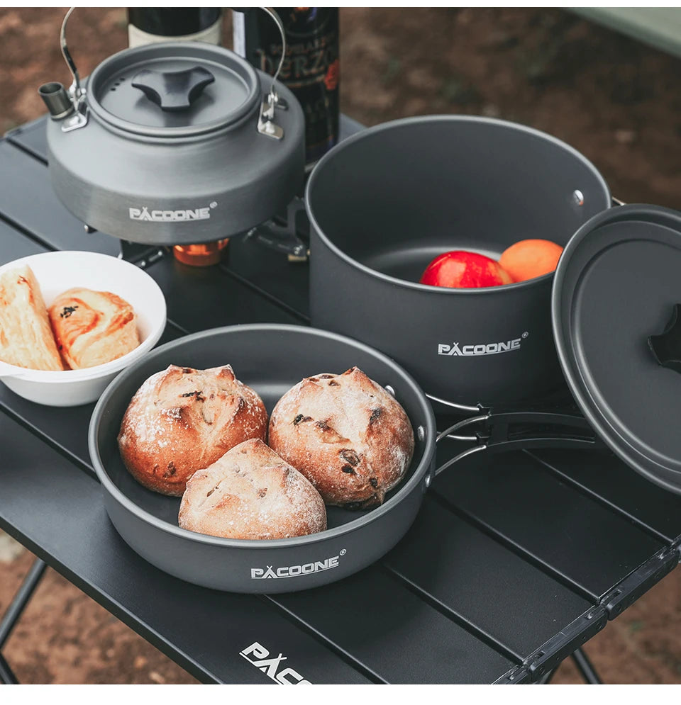 PACOONE – ensemble d'ustensiles de cuisine de Camping, Kit d'ustensiles de cuisine portables, Pot d'extérieur, bouilloire à eau, ensemble de casseroles, vaisselle, équipement de pique-nique de randonnée