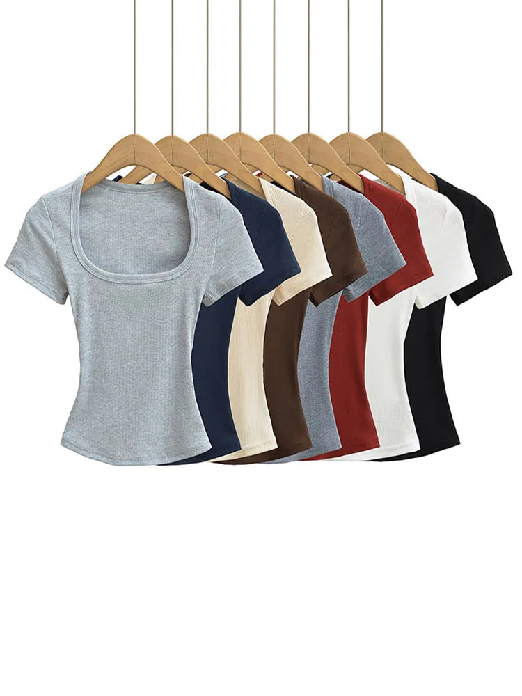 Haut Court Col Carré Femme — Coupe Cintrée, Extensible, Manches Courtes, Sexy Été