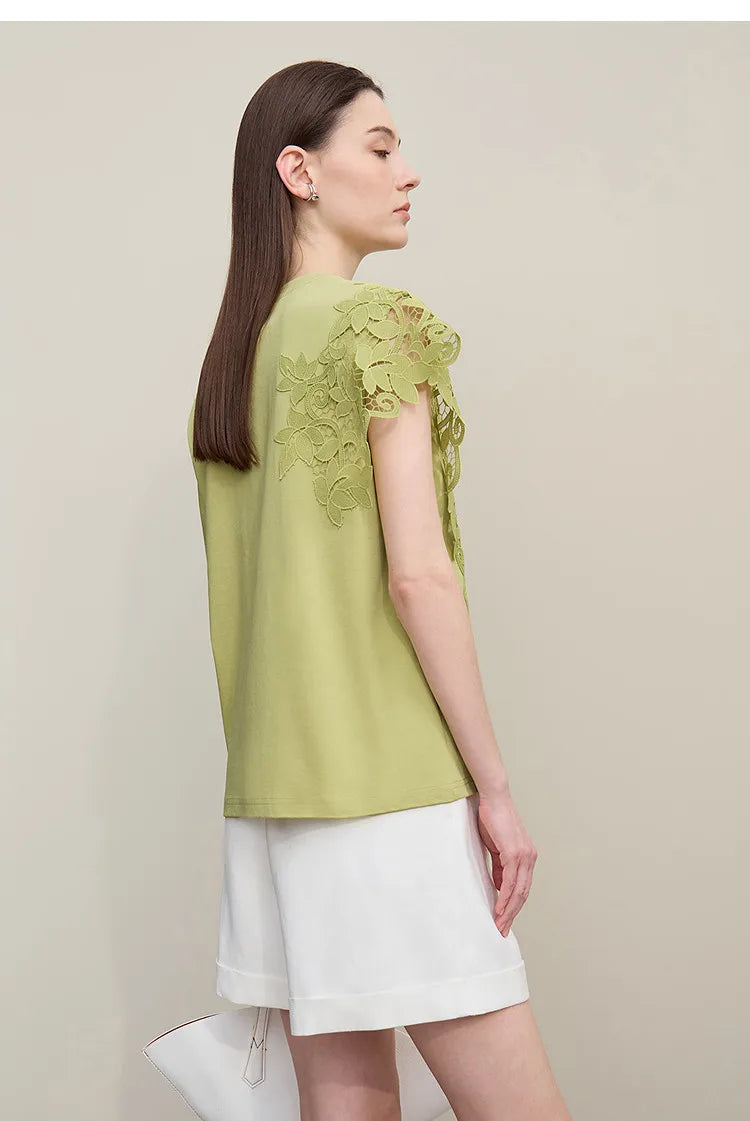 T-shirt femme 2026 été — col rond, coton, anti-transpiration, dentelle asymétrique, ample, manches courtes