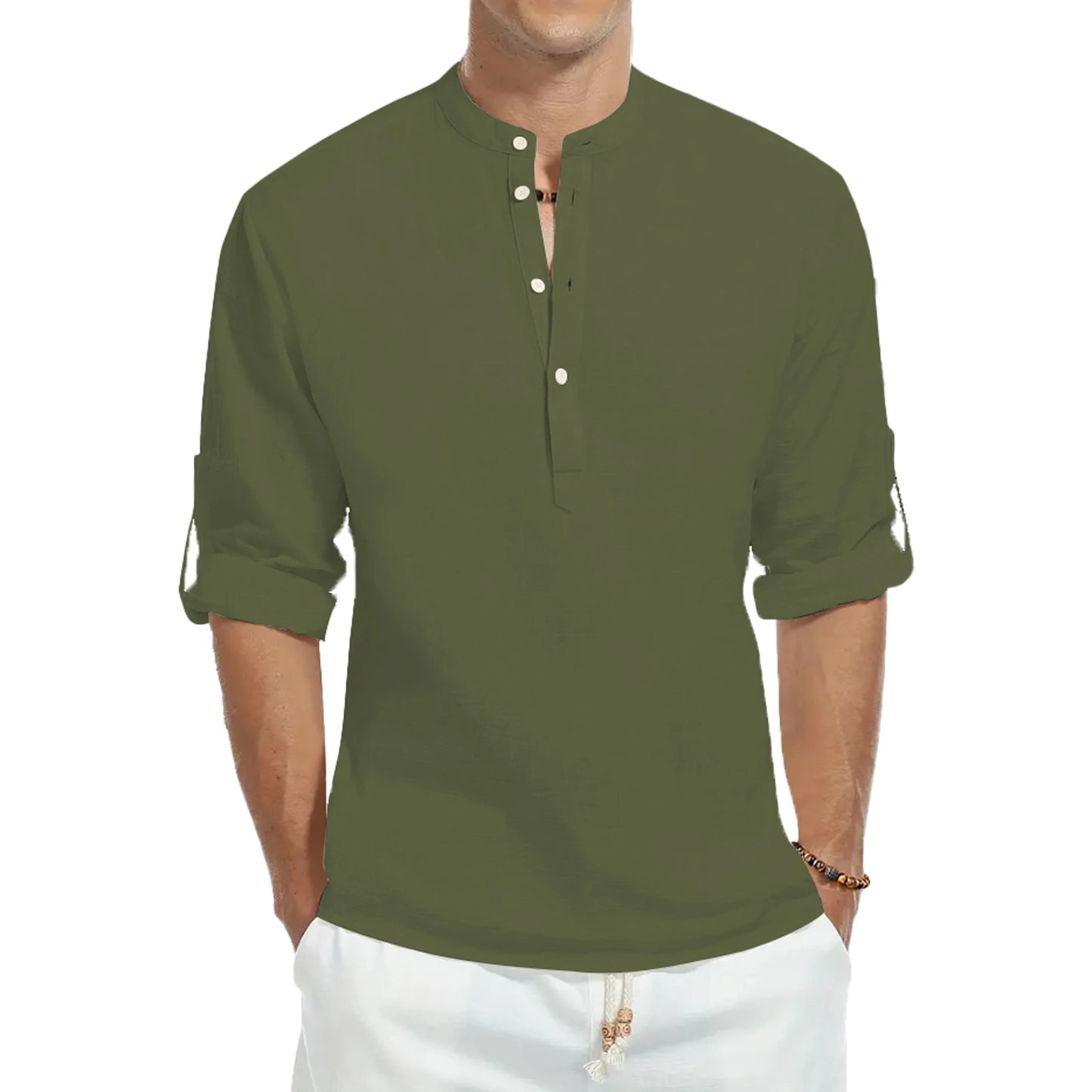 Casual Shirts, Men's Cotton Loose Shirts, Fashion Stand-up Collar Solid Color Long-sleeved T-Shirts, Handsome Slim Fit Tops