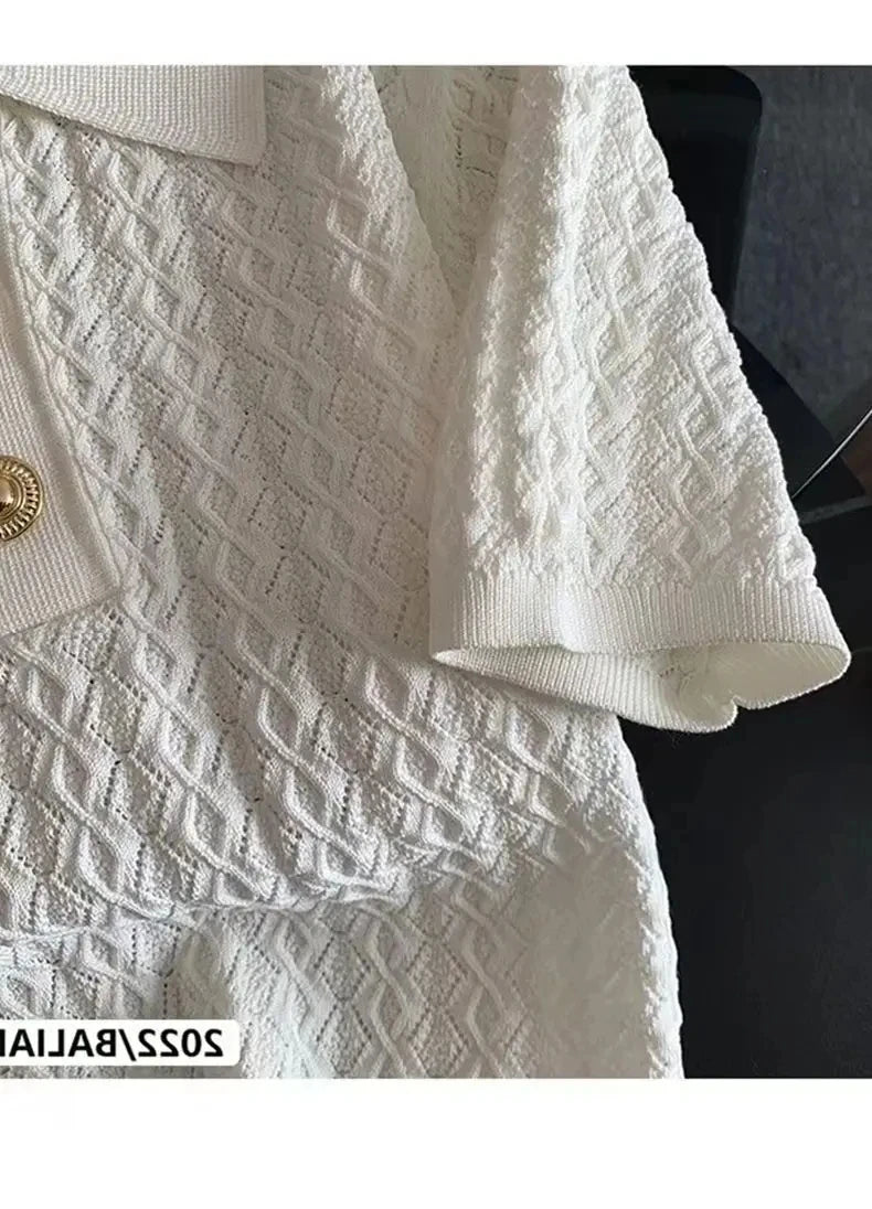 Polo en soie glacée tricoté à manches courtes, T-shirt d'été chic et fin, hauts jacquard uniques pour femmes, style coréen 2026, vêtements pour femmes