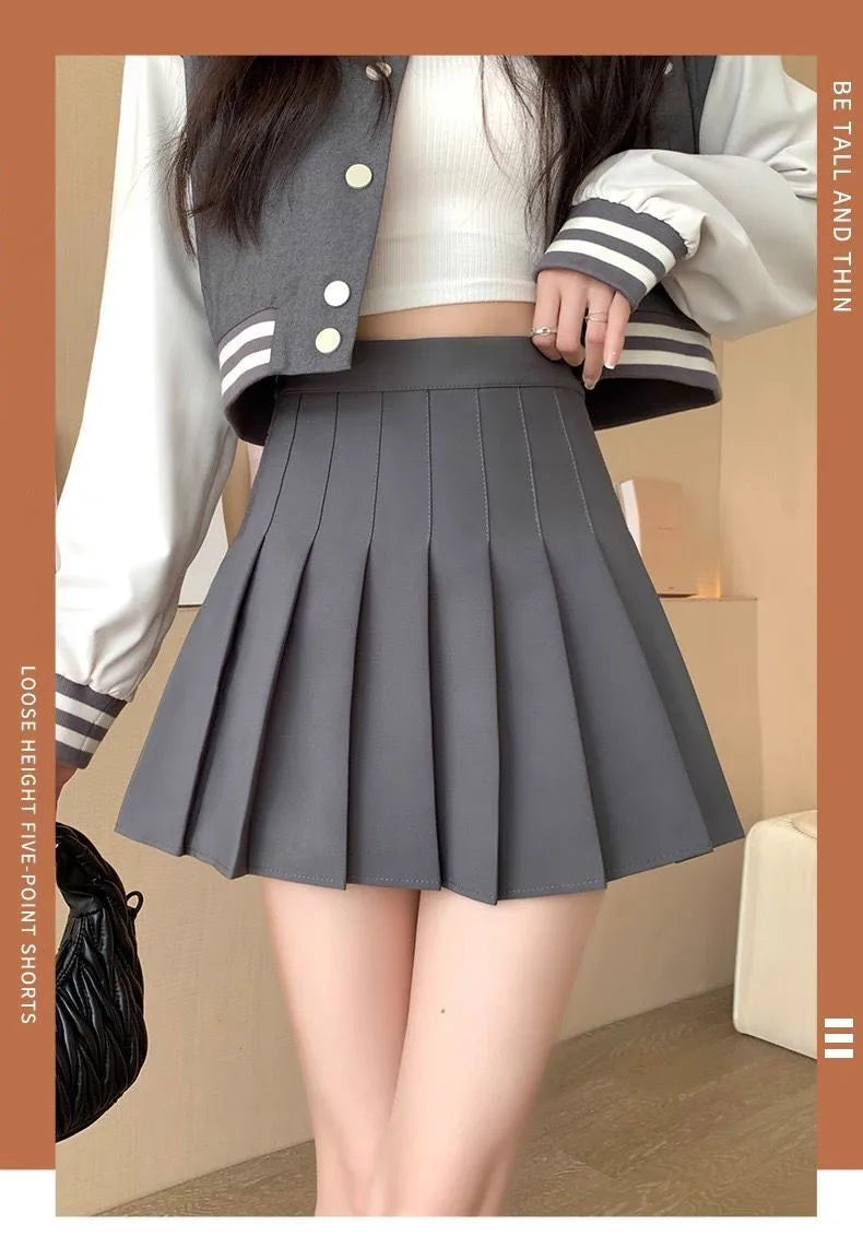Mini jupe plissée avec short pour femmes, taille haute, ligne a, jupe patineuse, blanc, noir, rose, uniforme scolaire sportif, nouvelle mode, offre spéciale