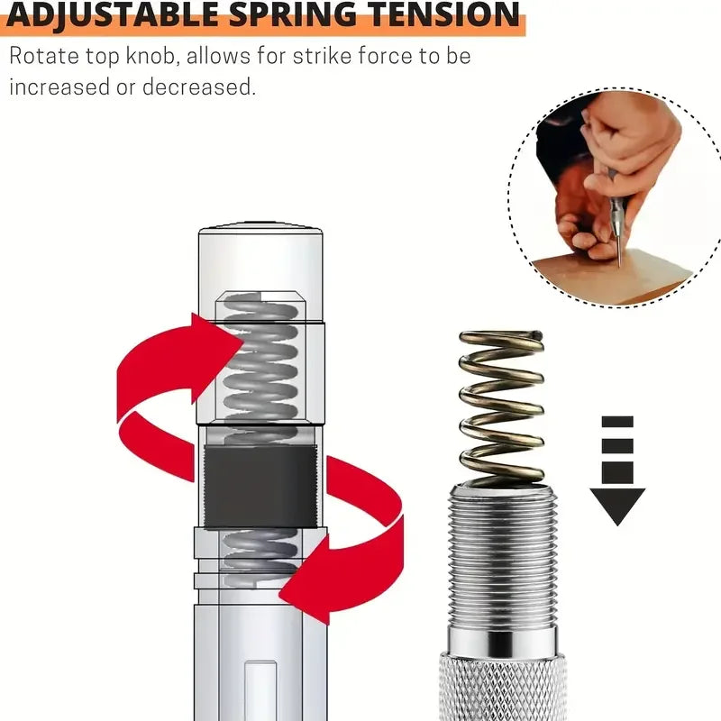 Automatic center punch, hole marker, wood, metal, steel, spring-loaded, drill locator, heavy-duty punch, carpentry, automatic hand tool