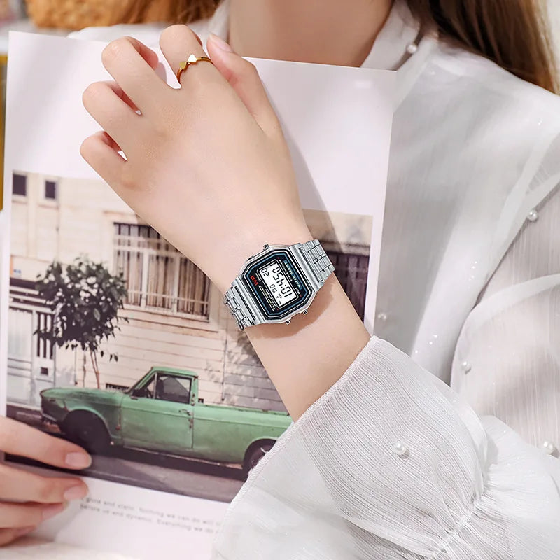 Relojes de lujo de oro rosa para hombres y mujeres, pantalla digital electrónica, reloj estilo retro