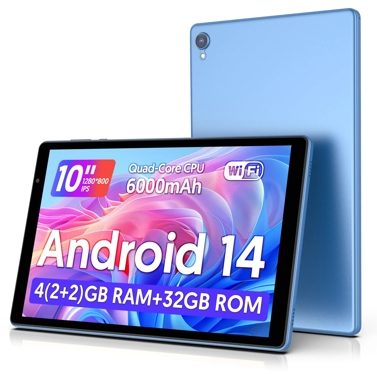 Dernière tablette Android 14, tablette 10 pouces, processeur Quad-core, WiFi 5G, 4 Go de ROM + 32 Go de RAM, résolution 1280 x 800, batterie 6000 mAh