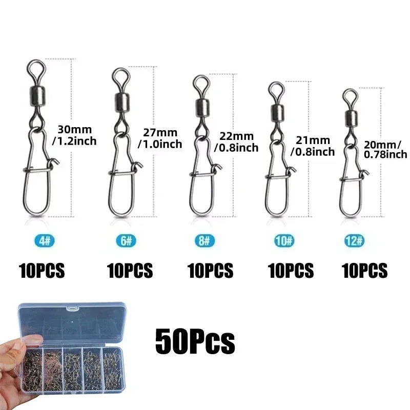 Boutons-pression pivotants de pêche 4 # -12 #   Kit de connecteurs Duo-Lock à roulement roulant en acier inoxydable, matériel pour leurre d'eau douce et d'eau salée, 50 à 200 pièces