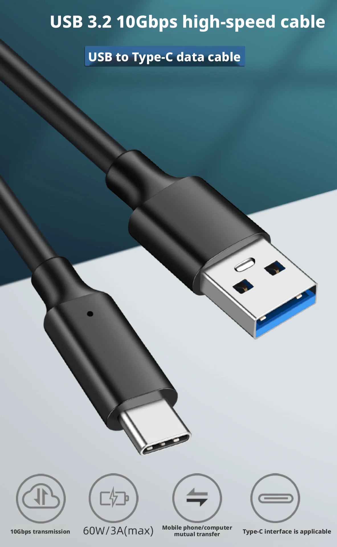 Câble USB 3.2 Type-C vers USB-A 10 Gbps 60W — Charge rapide & Transfert de données