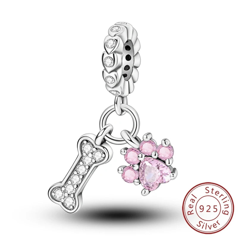 Abalorios de plata de ley 925 con huellas de perro, gato, corazón, animales, abalorios que se ajustan a pulseras, collares, colgantes, joyas para mujer, para hacer tú mismo