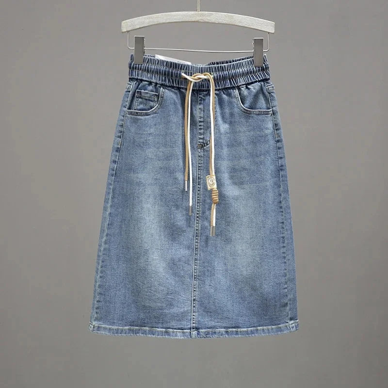Falda coreana de talla grande 5XL de mezclilla, maxi falda de primavera verano para mujer, faldas largas de jean con cordones, falda vaquera de media longitud con línea A para mujer