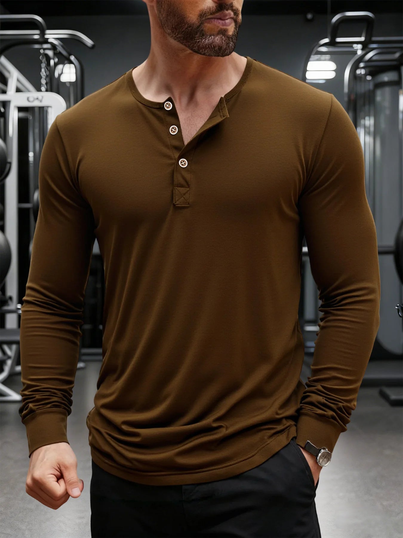 Camiseta Henley de manga larga para hombre, color liso, informal, transpirable, versátil, a la moda, ajustada, otoño