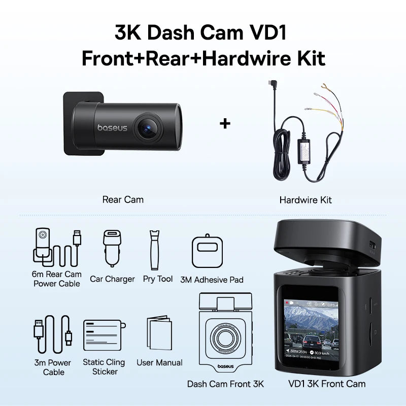 Baseus 3K Dash Cam VD1 Front and Rear Camera HD Built-in GPS Galileo Supercapacitor Car DVR Car Camera Recorder Supports 24H Parking