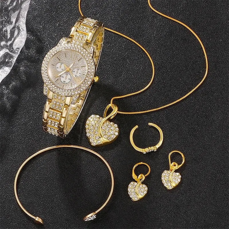 Reloj de cuarzo de lujo dorado para mujer, juego de joyas, anillo, collar, pendientes, diamantes de imitación, moda casual